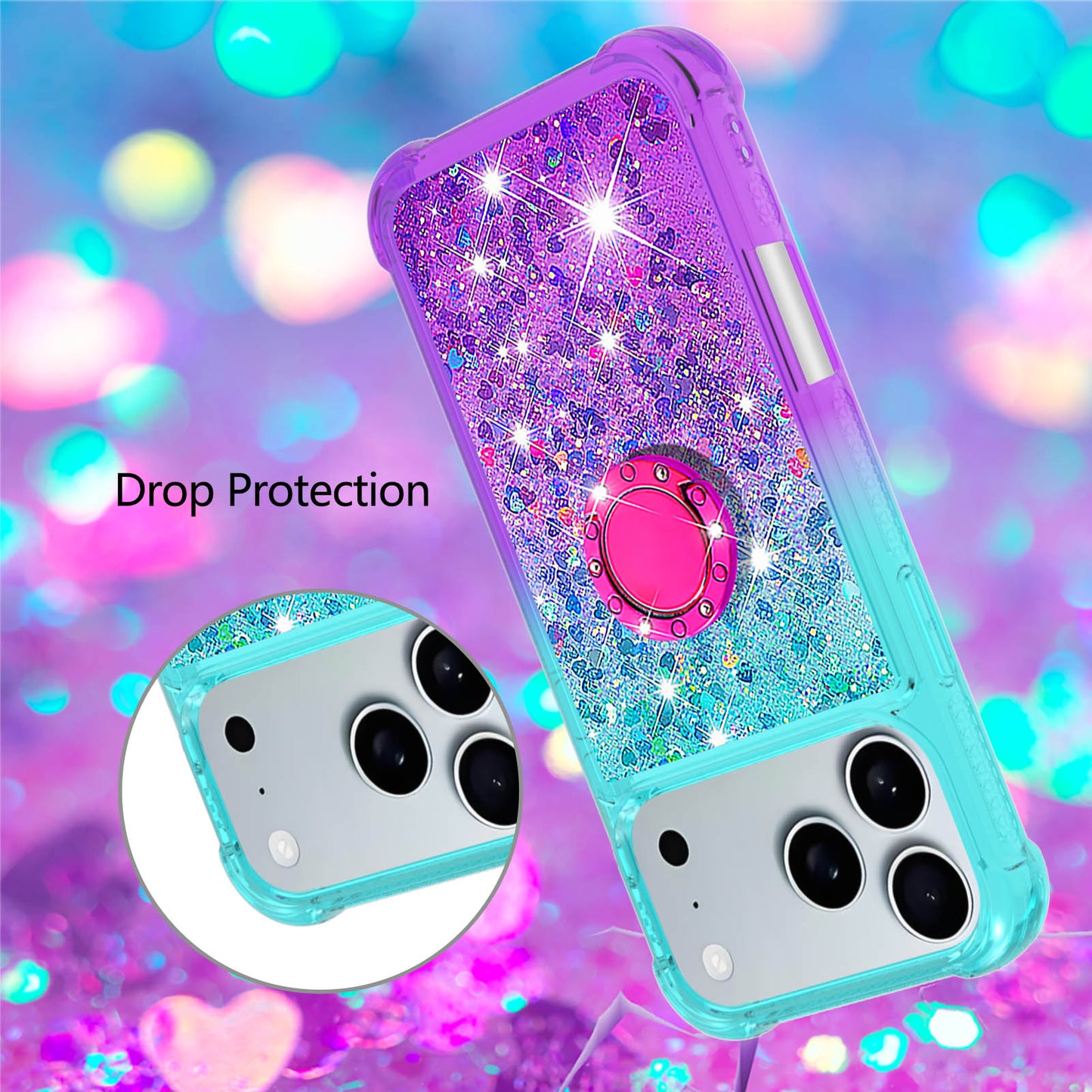 For iPhone 17 Pro Max TPU Case with Kickstand Gradiant Quicksand Shockproof Cover - Sky Blue+Purple