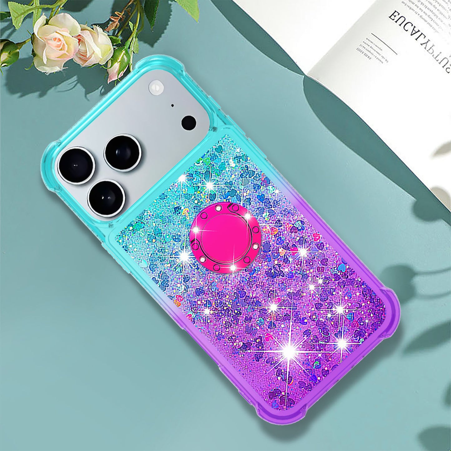For iPhone 17 Pro Max TPU Case with Kickstand Gradiant Quicksand Shockproof Cover - Sky Blue+Purple