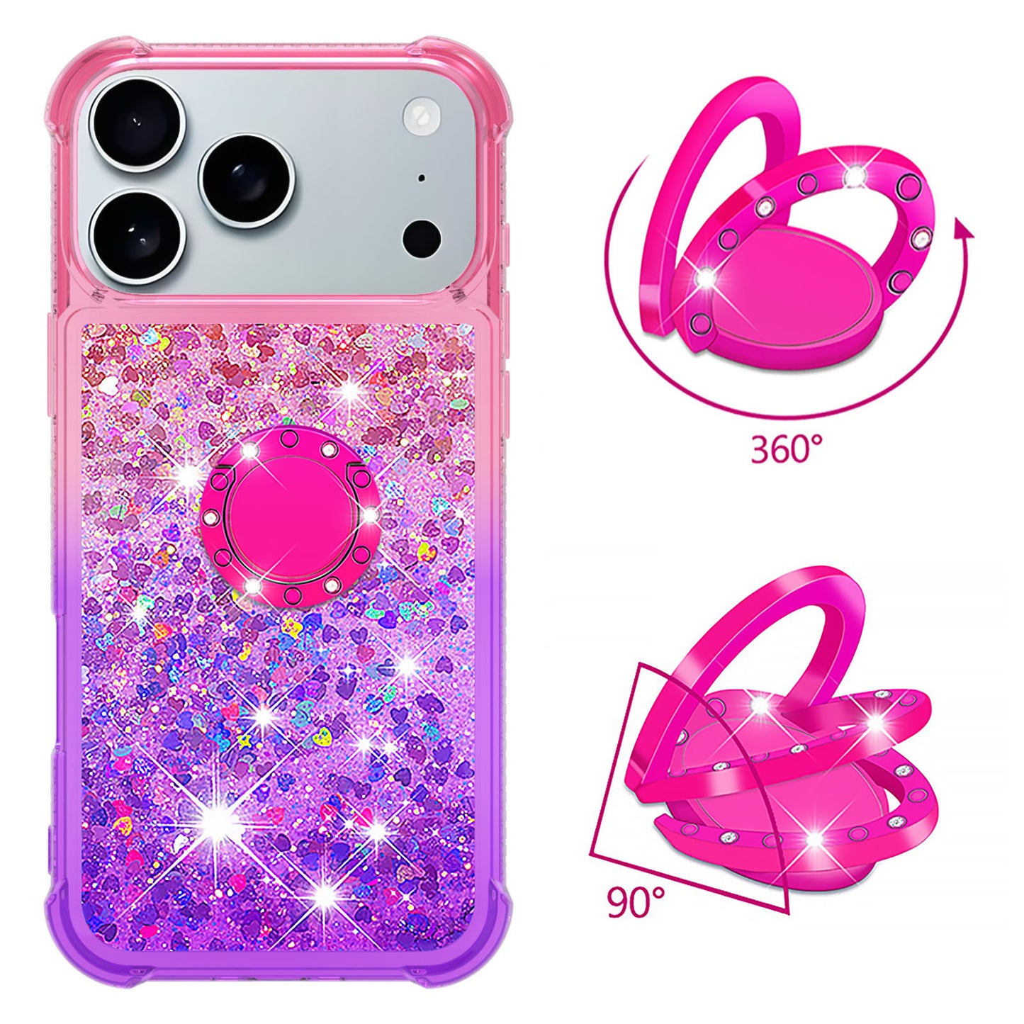 For iPhone 17 Pro Max TPU Case with Kickstand Gradiant Quicksand Shockproof Cover - Pink+Purple