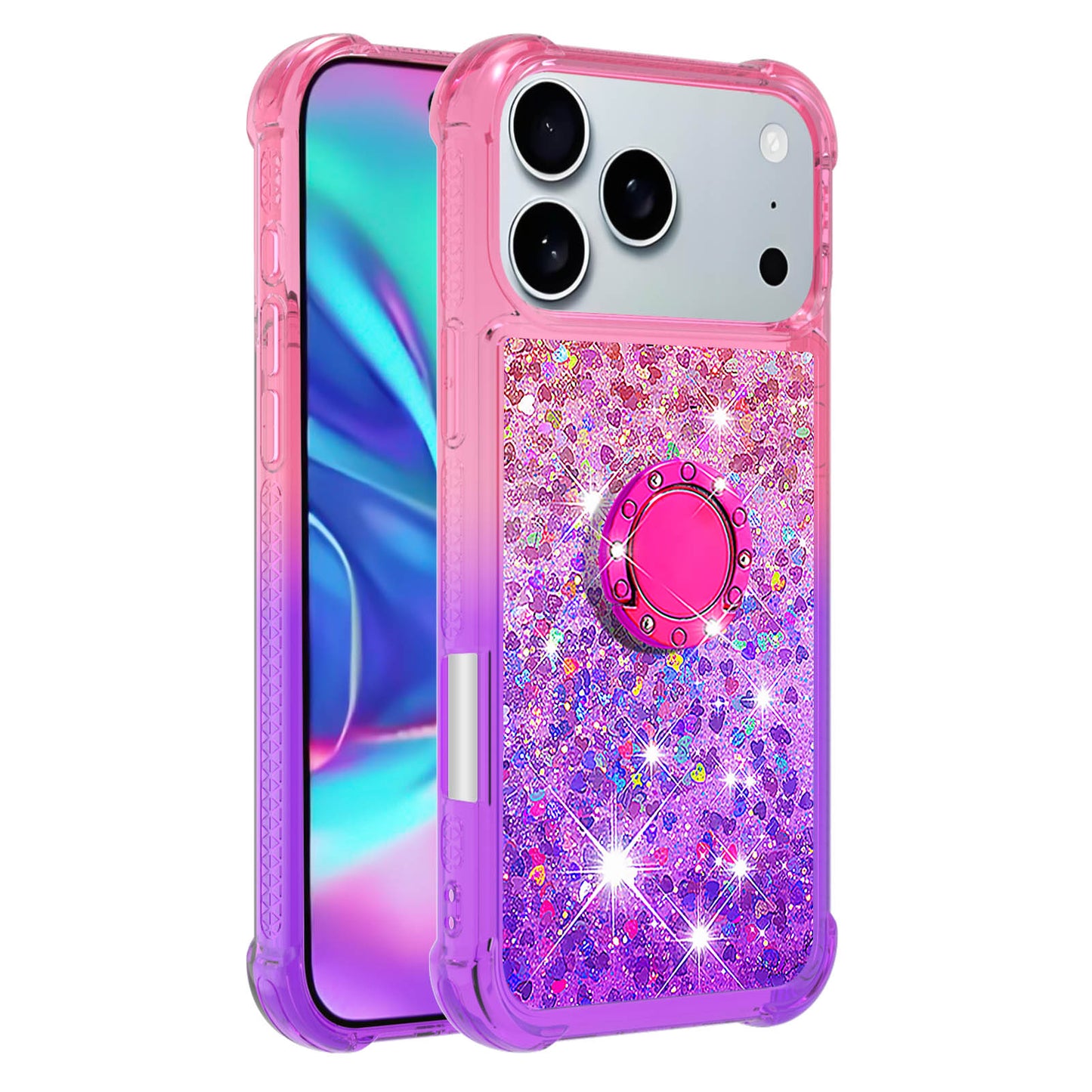 For iPhone 17 Pro Max TPU Case with Kickstand Gradiant Quicksand Shockproof Cover - Pink+Purple