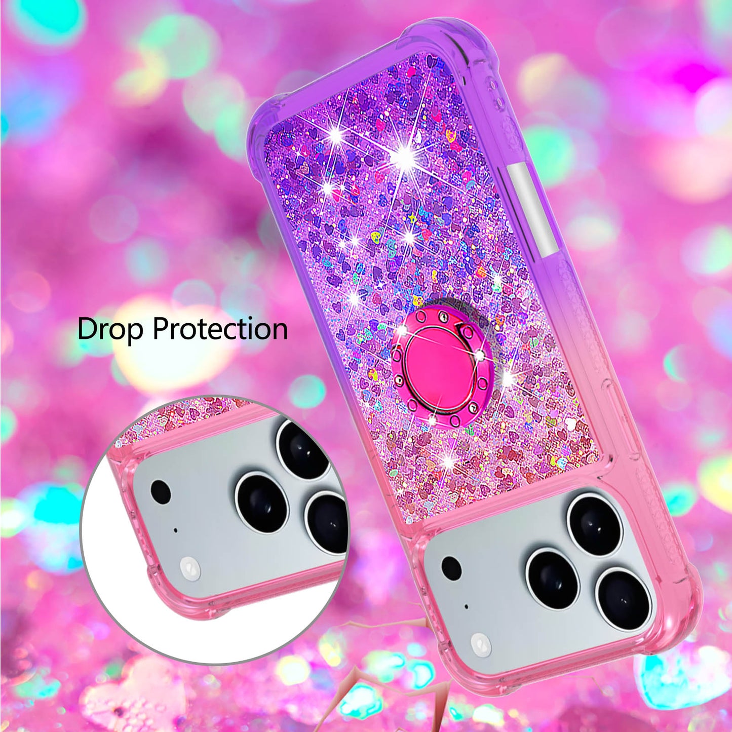 For iPhone 17 Pro Max TPU Case with Kickstand Gradiant Quicksand Shockproof Cover - Pink+Purple