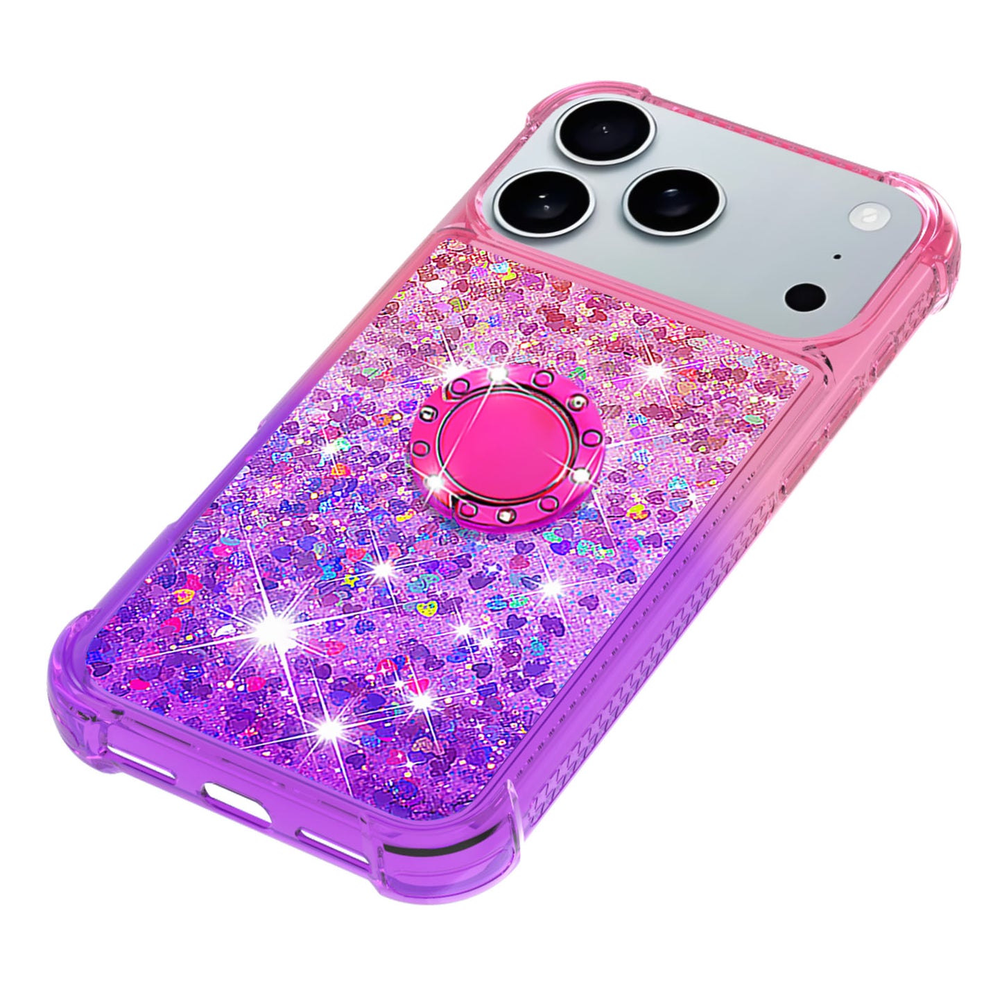 For iPhone 17 Pro Max TPU Case with Kickstand Gradiant Quicksand Shockproof Cover - Pink+Purple