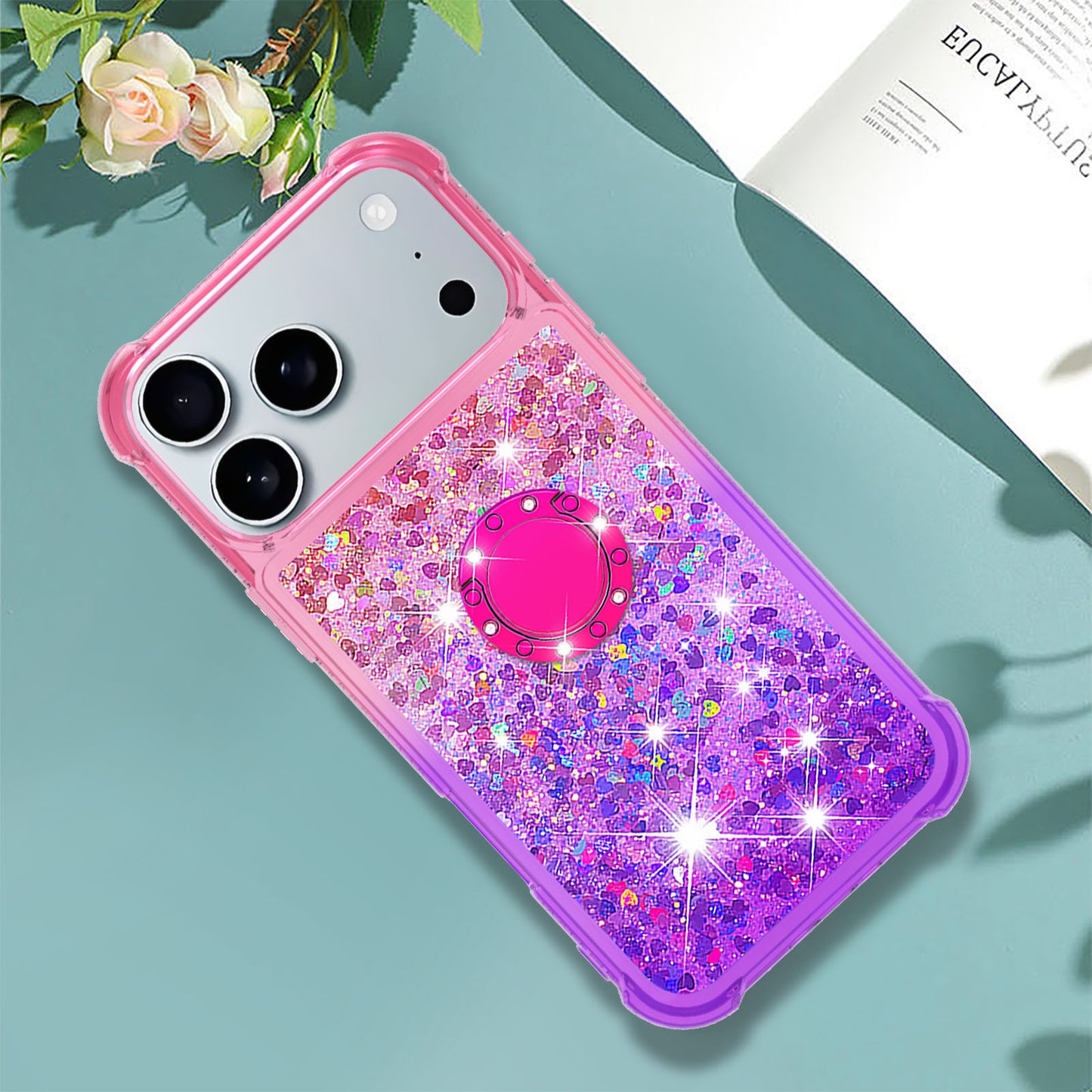 For iPhone 17 Pro Max TPU Case with Kickstand Gradiant Quicksand Shockproof Cover - Pink+Purple