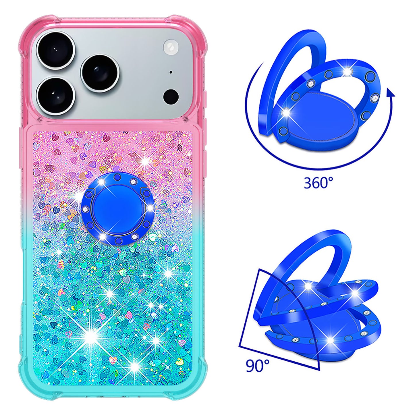 For iPhone 17 Pro Max TPU Case with Kickstand Gradiant Quicksand Shockproof Cover - Pink+Sky Blue