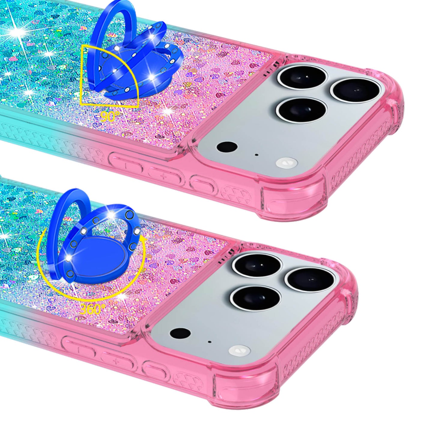 For iPhone 17 Pro Max TPU Case with Kickstand Gradiant Quicksand Shockproof Cover - Pink+Sky Blue