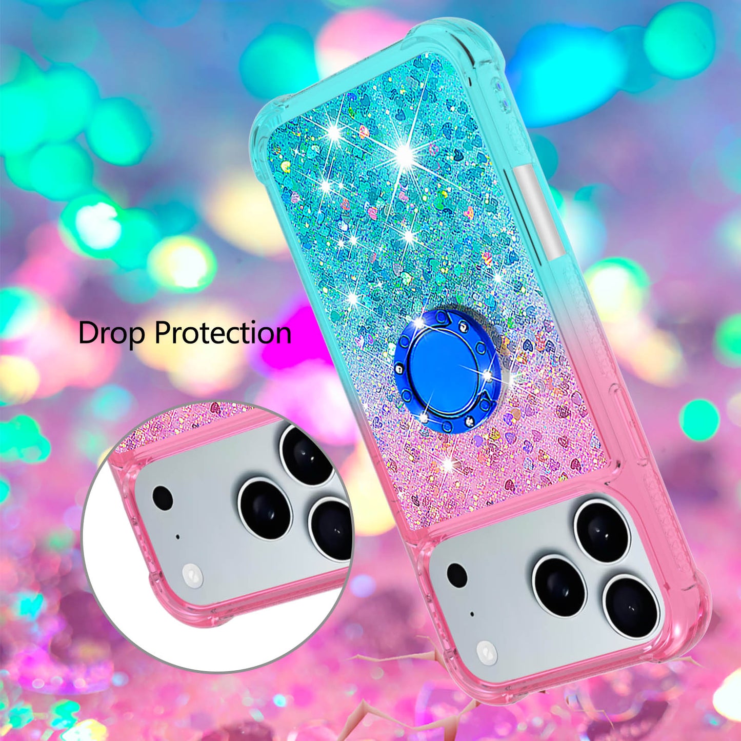 For iPhone 17 Pro Max TPU Case with Kickstand Gradiant Quicksand Shockproof Cover - Pink+Sky Blue