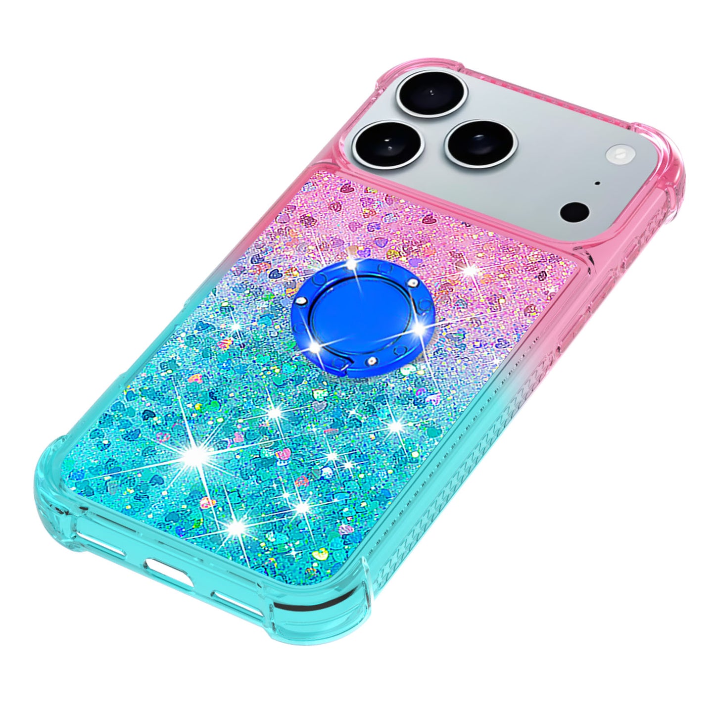 For iPhone 17 Pro Max TPU Case with Kickstand Gradiant Quicksand Shockproof Cover - Pink+Sky Blue