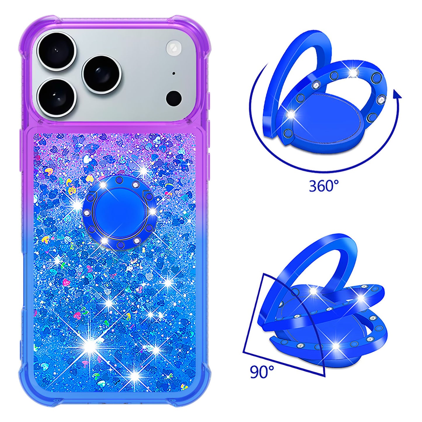 For iPhone 17 Pro Max TPU Case with Kickstand Gradiant Quicksand Shockproof Cover - Purple+Sky Blue