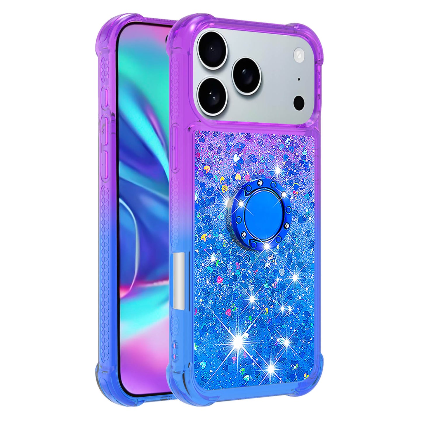 For iPhone 17 Pro Max TPU Case with Kickstand Gradiant Quicksand Shockproof Cover - Purple+Sky Blue
