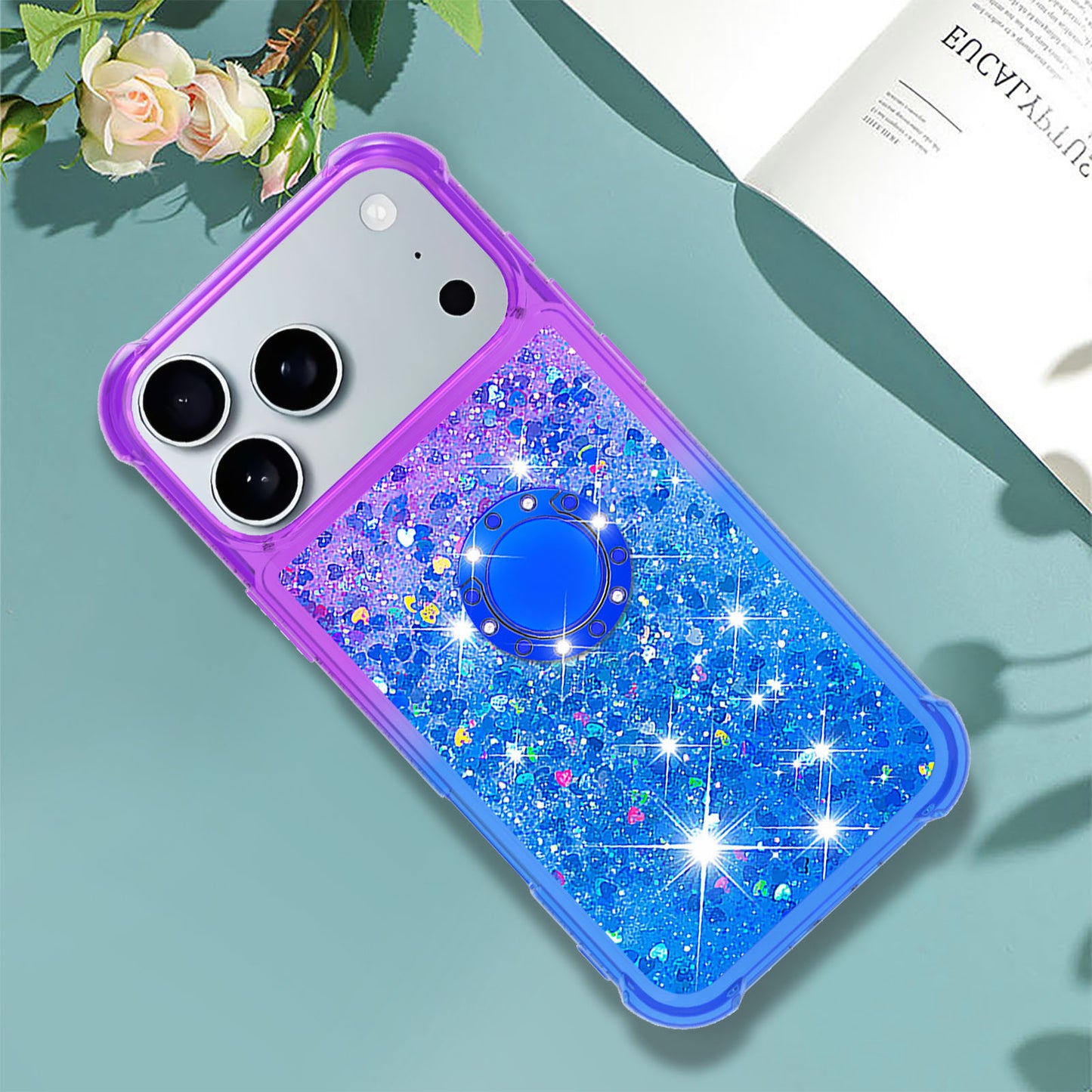 For iPhone 17 Pro Max TPU Case with Kickstand Gradiant Quicksand Shockproof Cover - Purple+Sky Blue