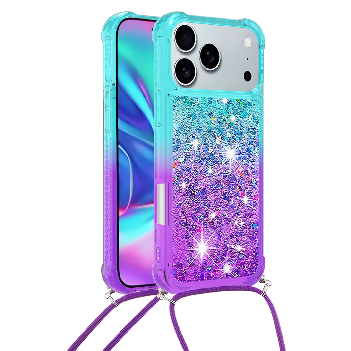 For iPhone 17 Pro Max Phone Case Gradient Quicksand TPU Back Cover with Long Strap - Sky Blue / Purple