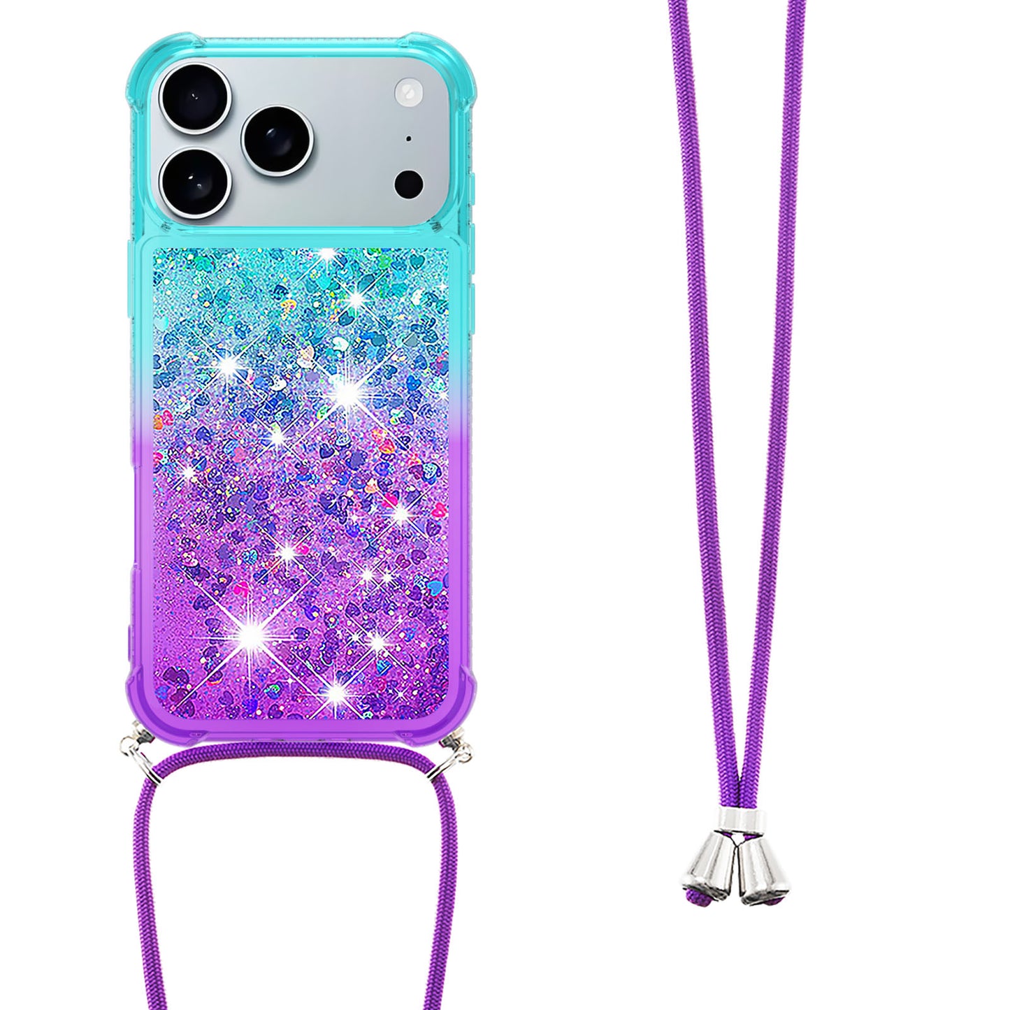 For iPhone 17 Pro Max Phone Case Gradient Quicksand TPU Back Cover with Long Strap - Sky Blue / Purple