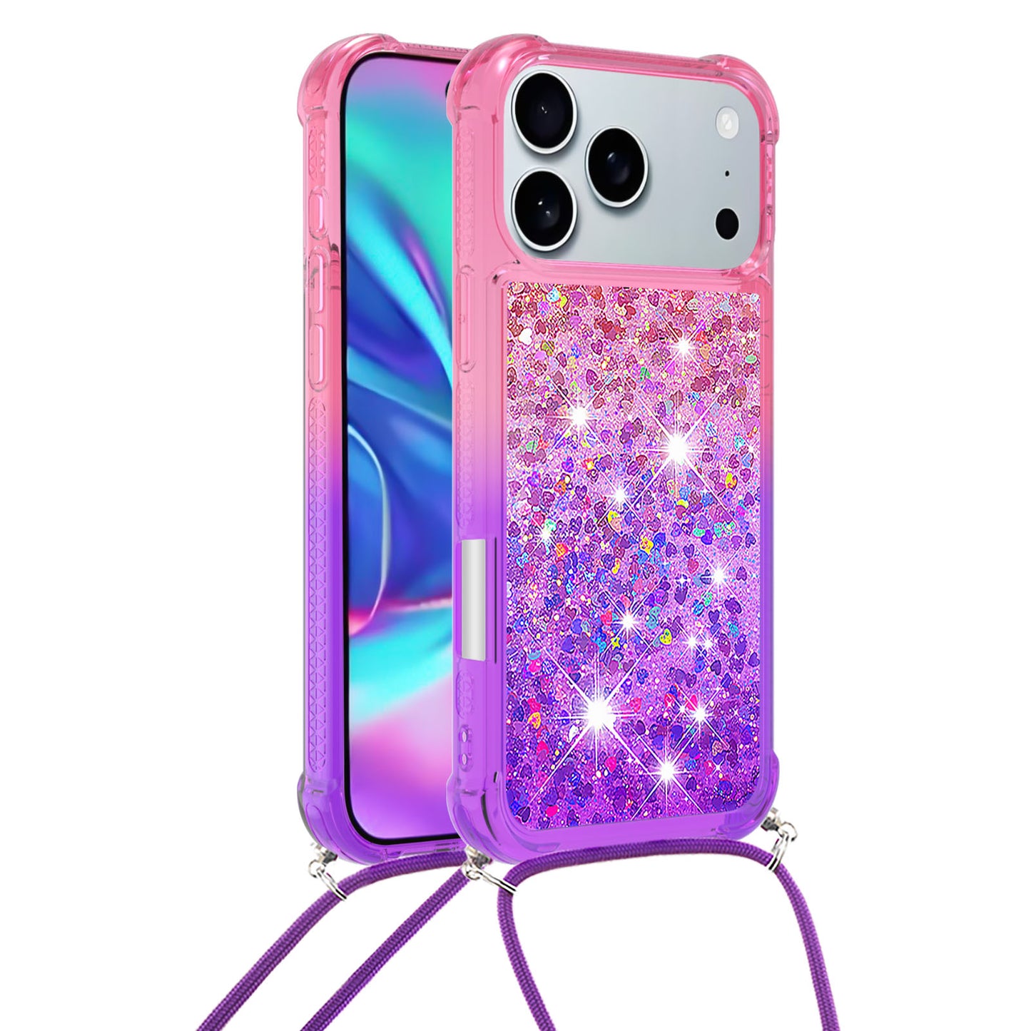 For iPhone 17 Pro Max Phone Case Gradient Quicksand TPU Back Cover with Long Strap - Pink / Purple