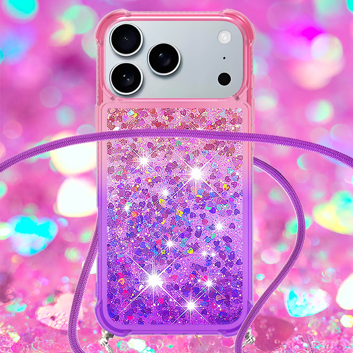 For iPhone 17 Pro Max Phone Case Gradient Quicksand TPU Back Cover with Long Strap - Pink / Purple