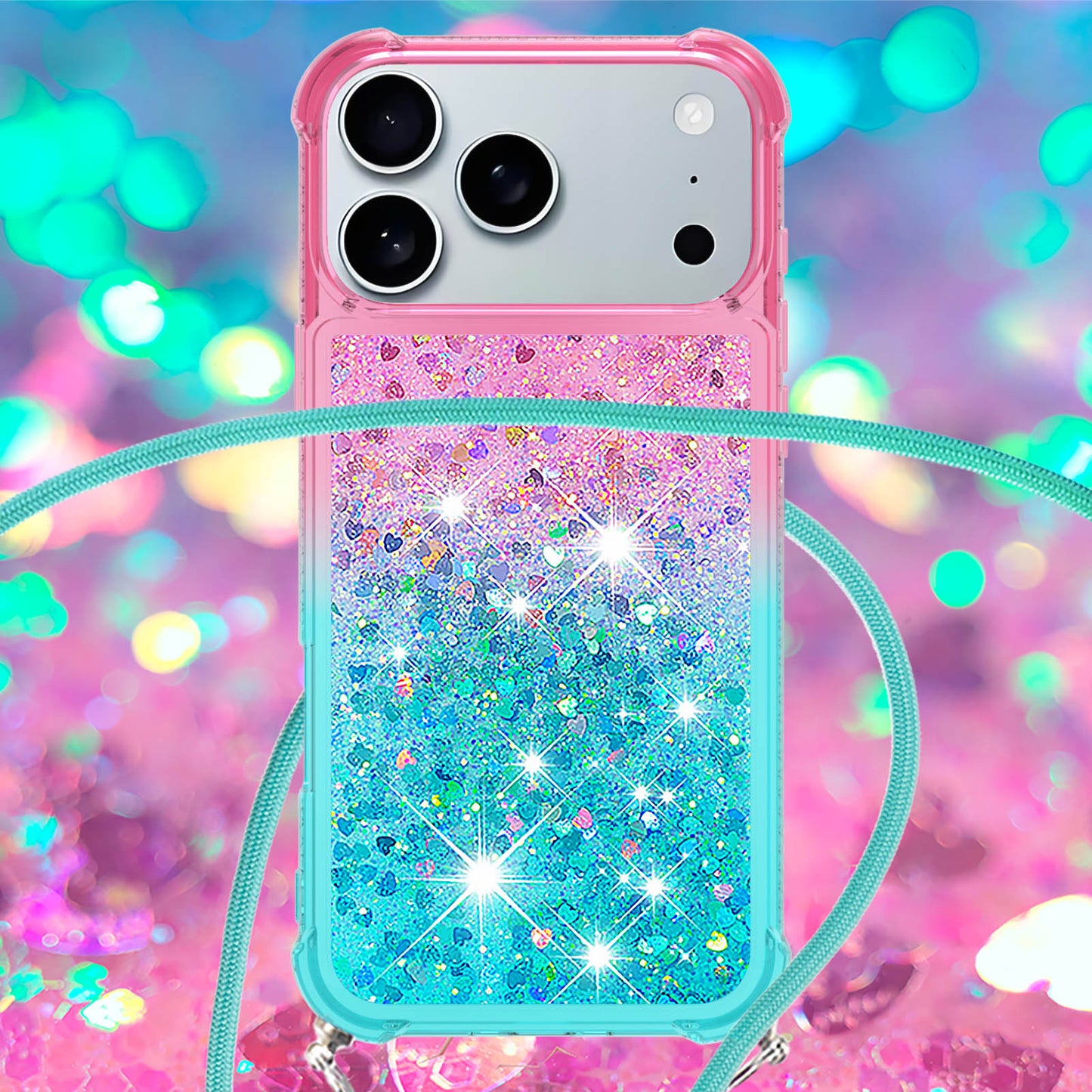 For iPhone 17 Pro Max Phone Case Gradient Quicksand TPU Back Cover with Long Strap - Pink / Sky Blue