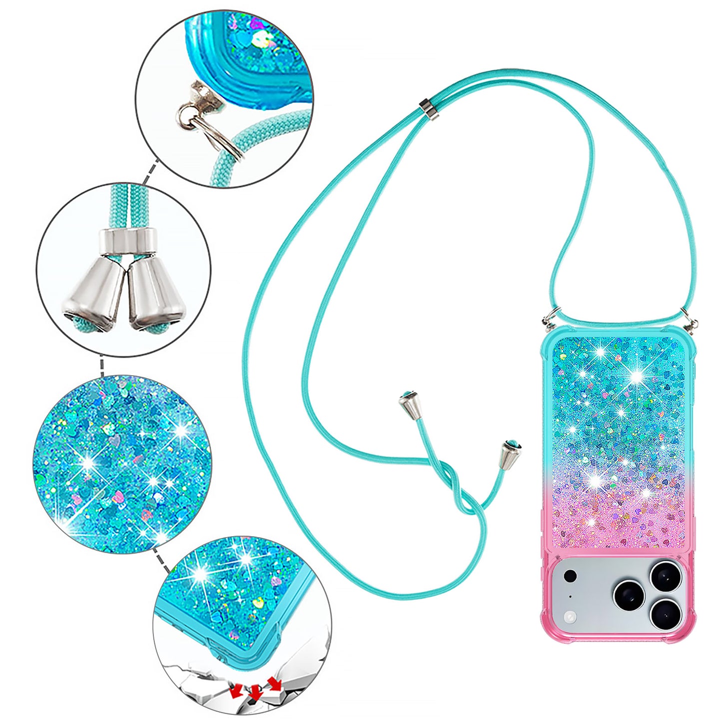 For iPhone 17 Pro Max Phone Case Gradient Quicksand TPU Back Cover with Long Strap - Pink / Sky Blue