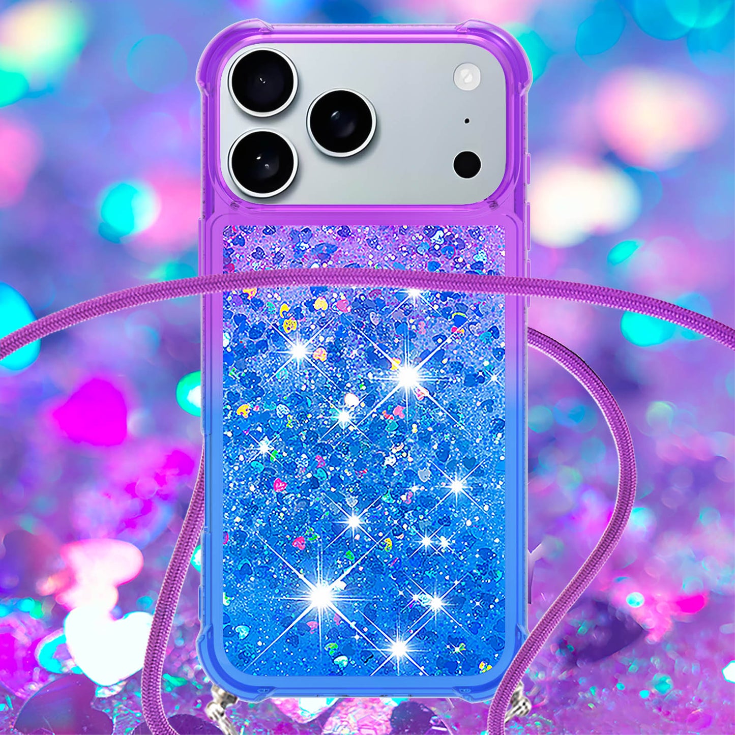 For iPhone 17 Pro Max Phone Case Gradient Quicksand TPU Back Cover with Long Strap - Purple / Blue