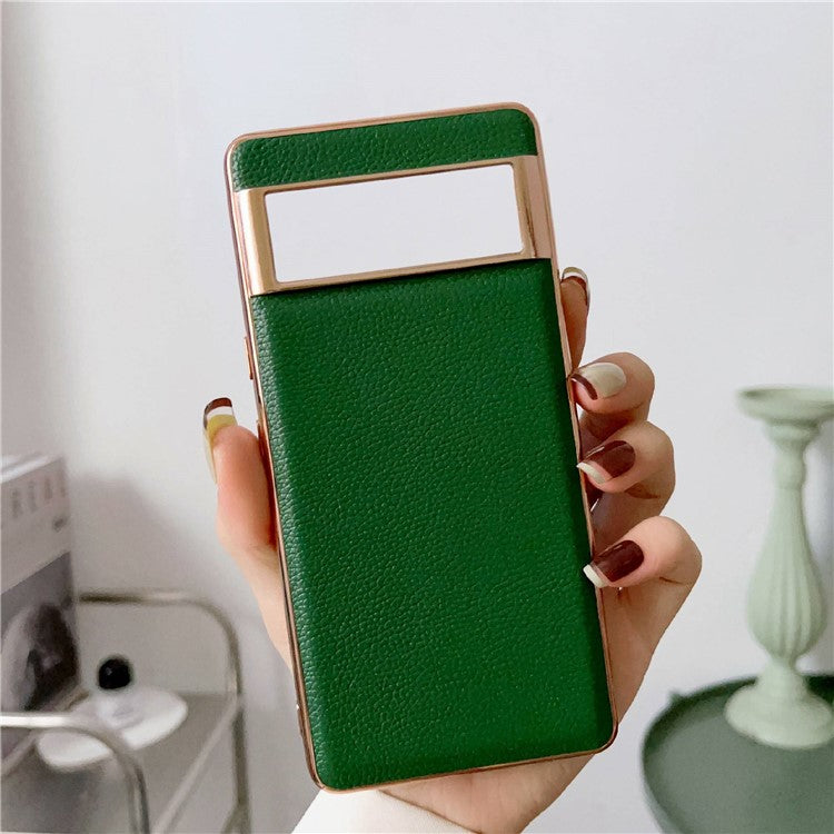 Smartphone Back Cover for Google Pixel 6, Nano Electroplating Litchi Texture Genuine Leather Coated TPU Phone Case - Green