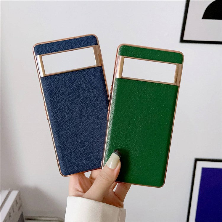Smartphone Back Cover for Google Pixel 6, Nano Electroplating Litchi Texture Genuine Leather Coated TPU Phone Case - Green