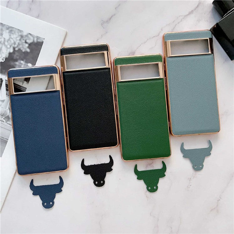 Smartphone Back Cover for Google Pixel 6, Nano Electroplating Litchi Texture Genuine Leather Coated TPU Phone Case - Green
