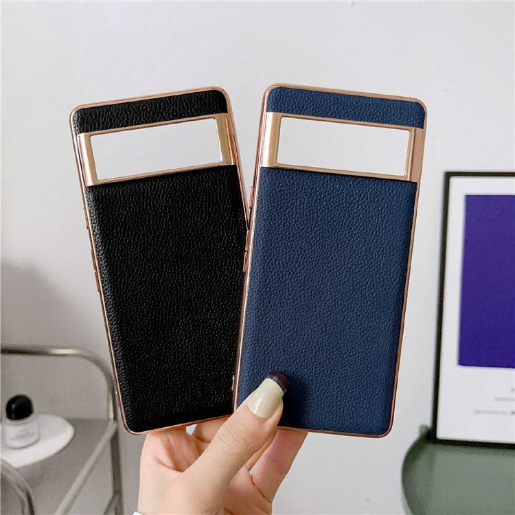 Smartphone Back Cover for Google Pixel 6, Nano Electroplating Litchi Texture Genuine Leather Coated TPU Phone Case - Sapphire