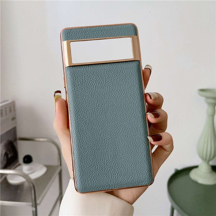 Smartphone Back Cover for Google Pixel 6, Nano Electroplating Litchi Texture Genuine Leather Coated TPU Phone Case - Blue