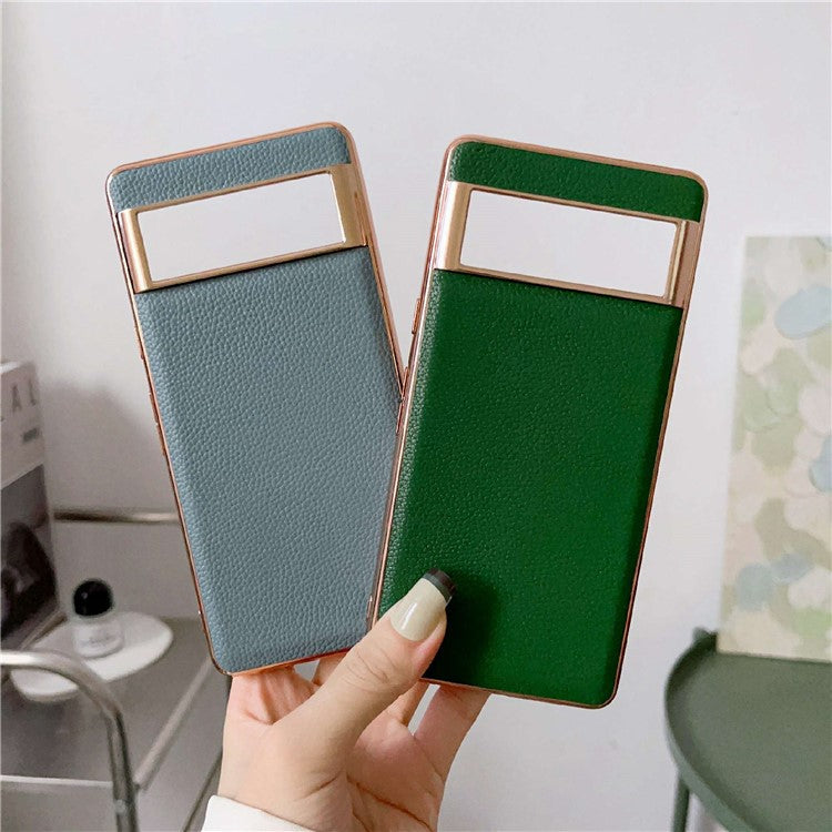 Smartphone Back Cover for Google Pixel 6, Nano Electroplating Litchi Texture Genuine Leather Coated TPU Phone Case - Blue