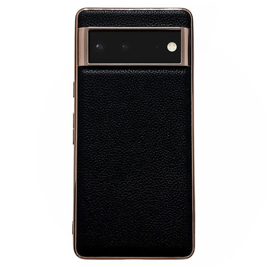Smartphone Back Cover for Google Pixel 6, Nano Electroplating Litchi Texture Genuine Leather Coated TPU Phone Case - Black