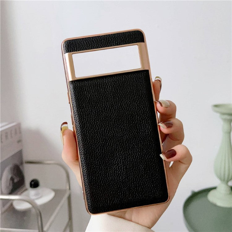 Smartphone Back Cover for Google Pixel 6, Nano Electroplating Litchi Texture Genuine Leather Coated TPU Phone Case - Black