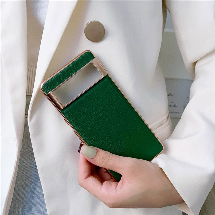 Smartphone Back Cover for Google Pixel 6, Nano Electroplating Litchi Texture Genuine Leather Coated TPU Phone Case - Black