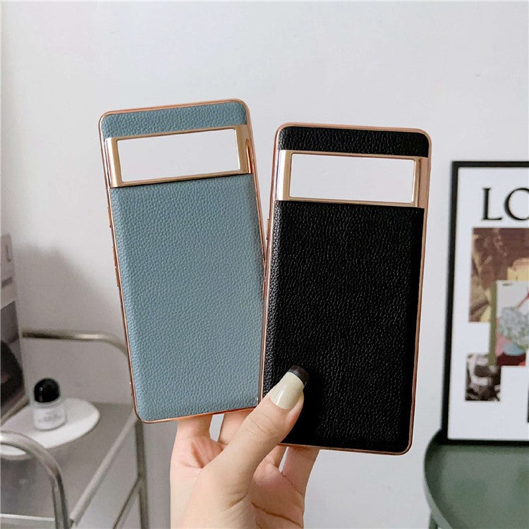 Smartphone Back Cover for Google Pixel 6, Nano Electroplating Litchi Texture Genuine Leather Coated TPU Phone Case - Black