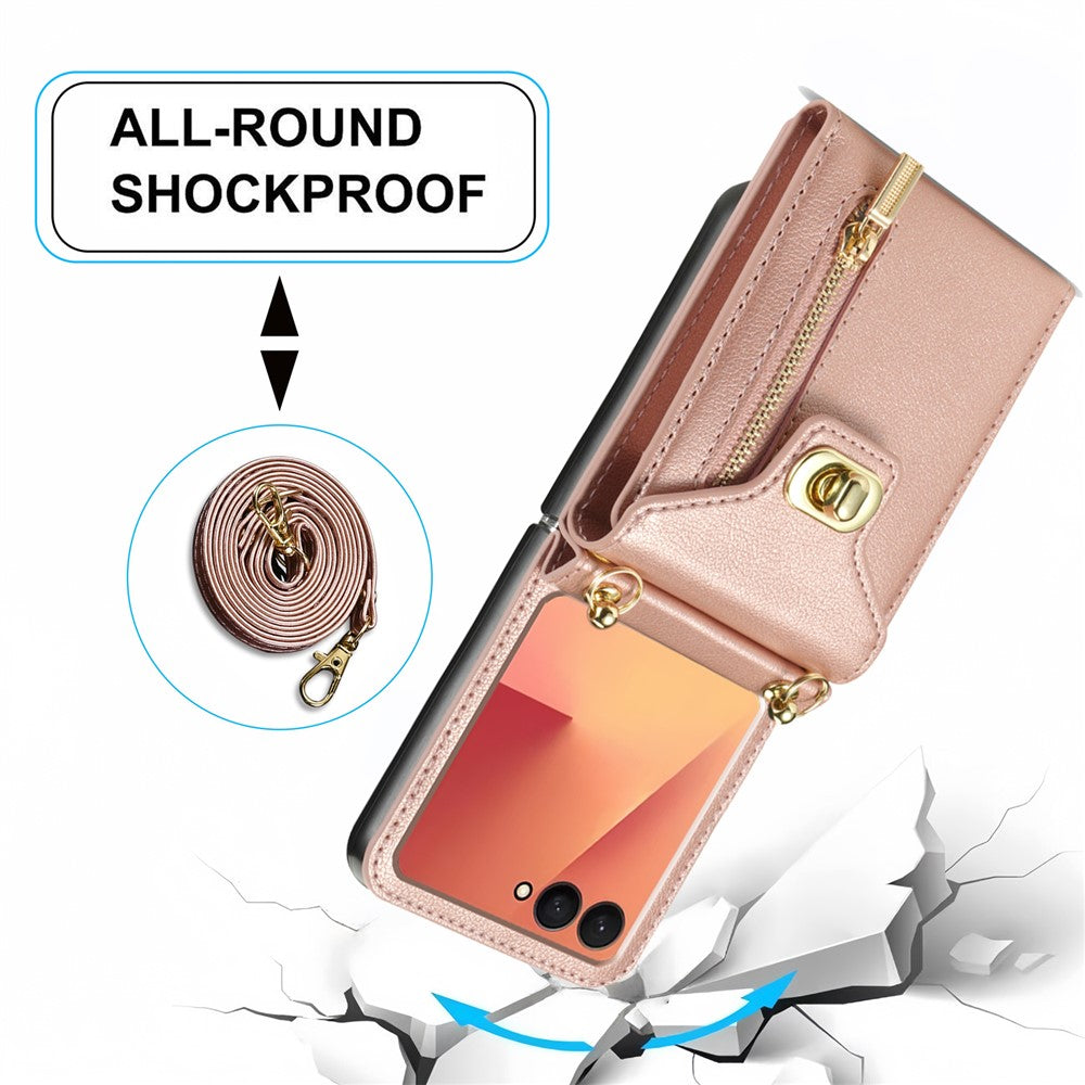 For Samsung Galaxy Z Flip7 5G Case Zipper Wallet Design PU PC Phone Cover with Long Strap - Rose Gold