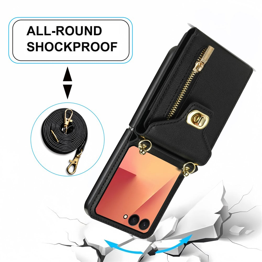 For Samsung Galaxy Z Flip7 5G Case Zipper Wallet Design PU PC Phone Cover with Long Strap - Black