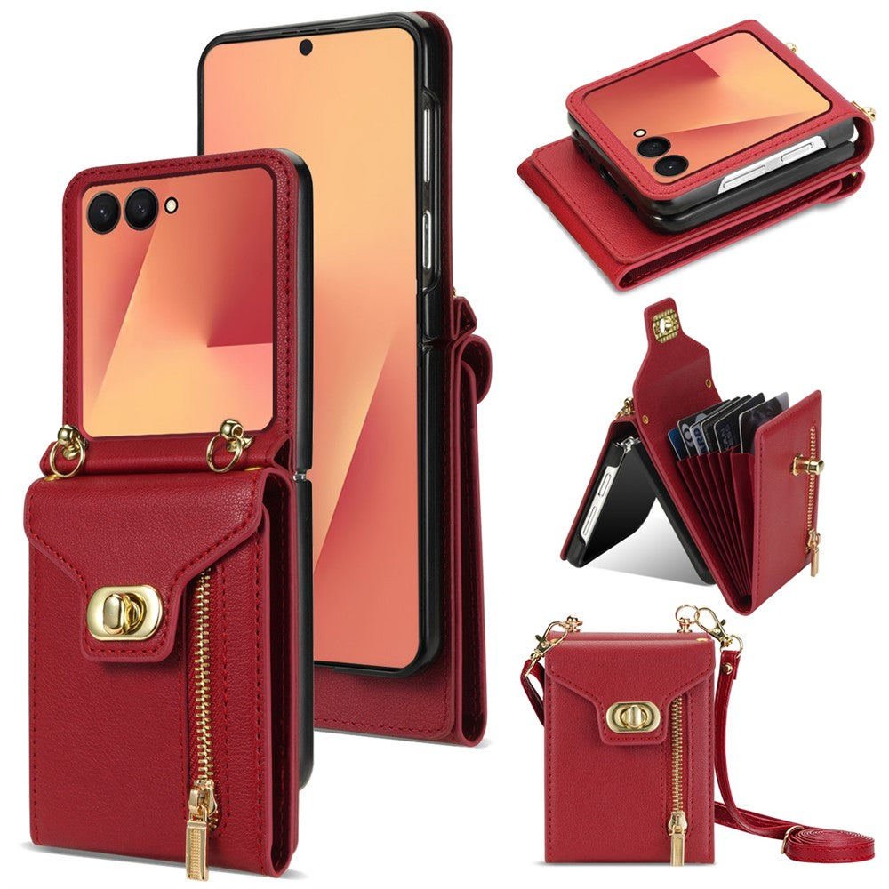 For Samsung Galaxy Z Flip7 5G Case Zipper Wallet Design PU PC Phone Cover with Long Strap - Red