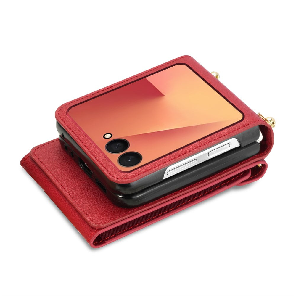 For Samsung Galaxy Z Flip7 5G Case Zipper Wallet Design PU PC Phone Cover with Long Strap - Red