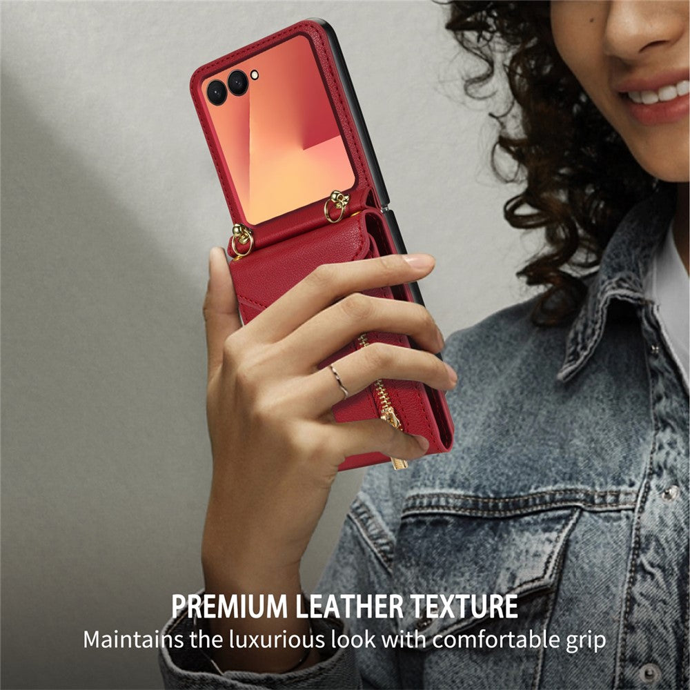 For Samsung Galaxy Z Flip7 5G Case Zipper Wallet Design PU PC Phone Cover with Long Strap - Red