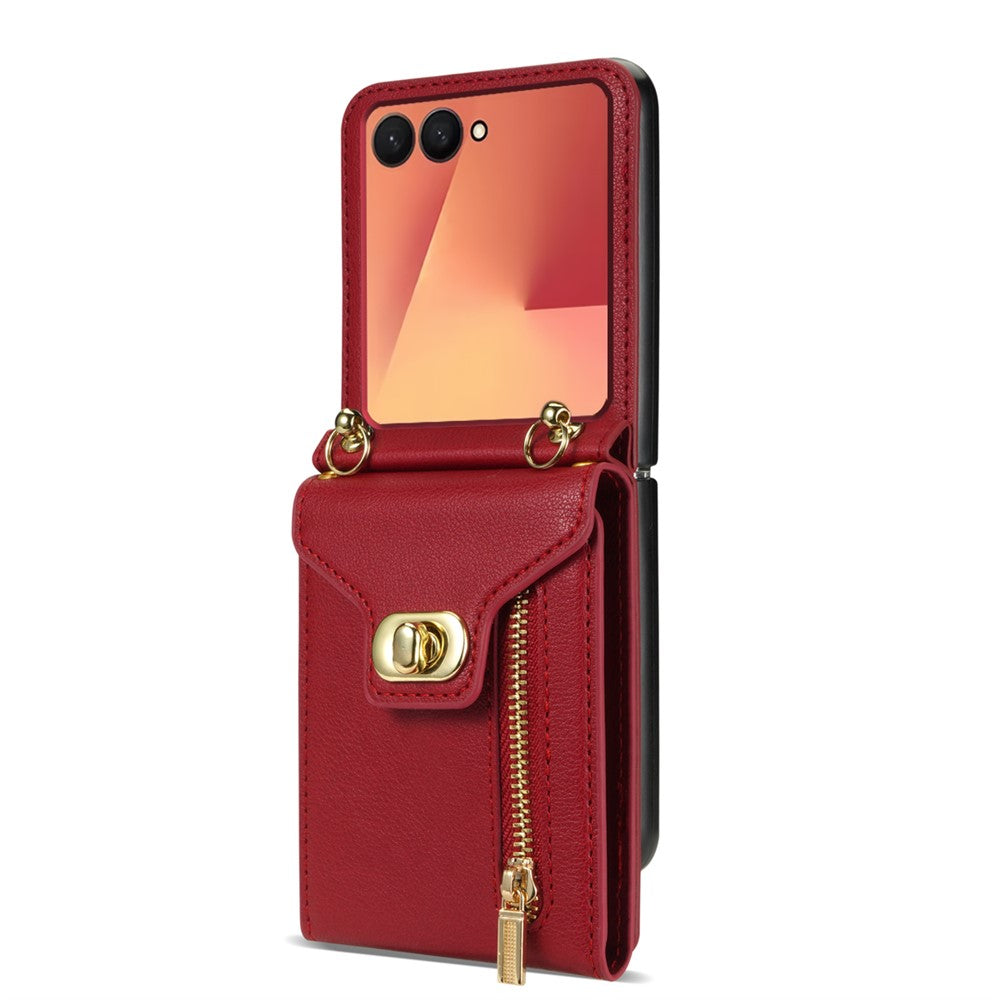 For Samsung Galaxy Z Flip7 5G Case Zipper Wallet Design PU PC Phone Cover with Long Strap - Red