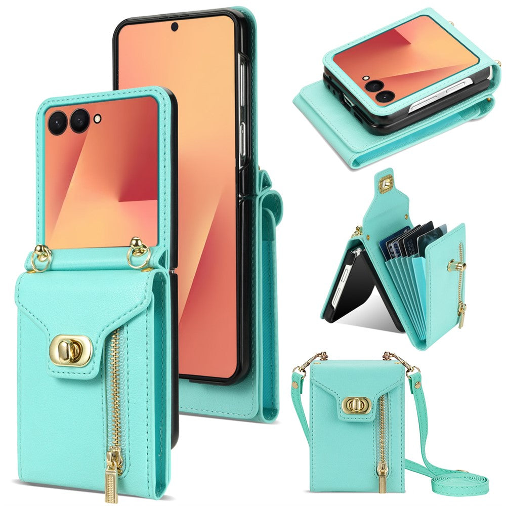 For Samsung Galaxy Z Flip7 5G Case Zipper Wallet Design PU PC Phone Cover with Long Strap - Green