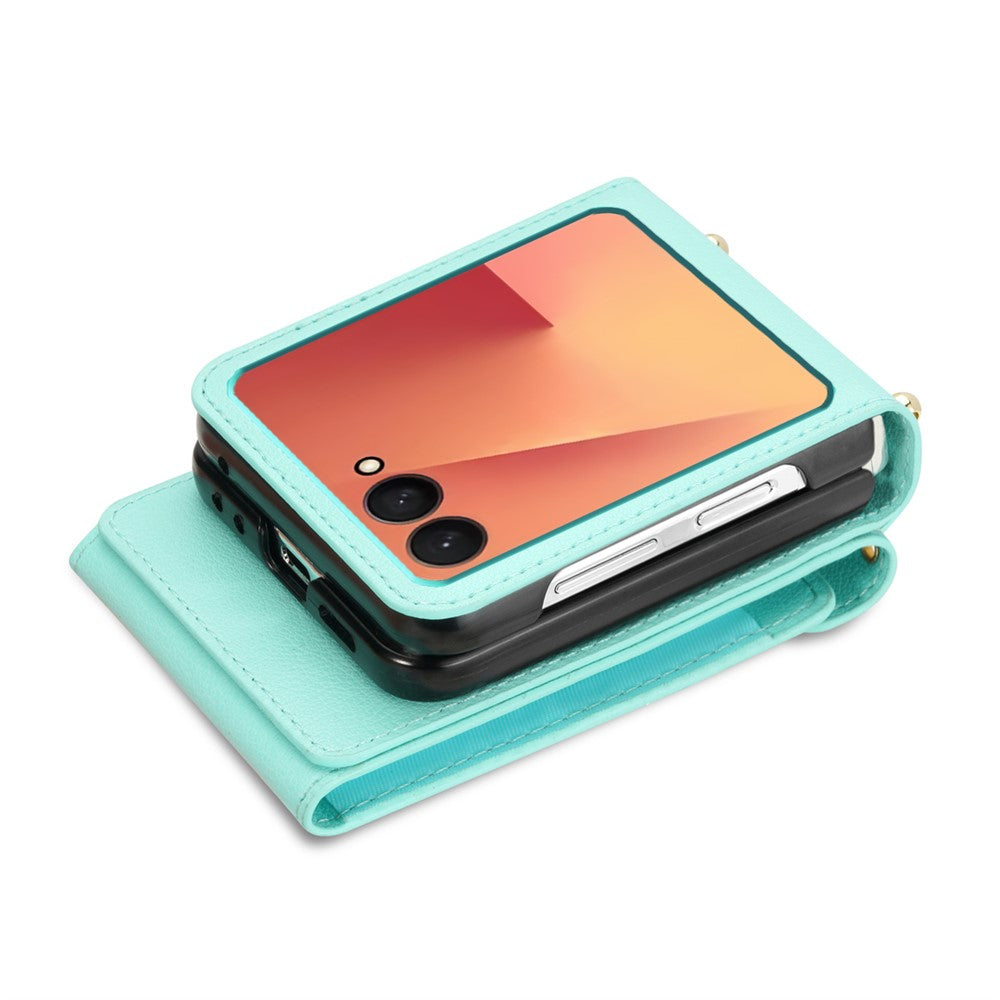 For Samsung Galaxy Z Flip7 5G Case Zipper Wallet Design PU PC Phone Cover with Long Strap - Green