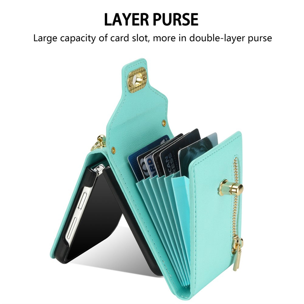 For Samsung Galaxy Z Flip7 5G Case Zipper Wallet Design PU PC Phone Cover with Long Strap - Green