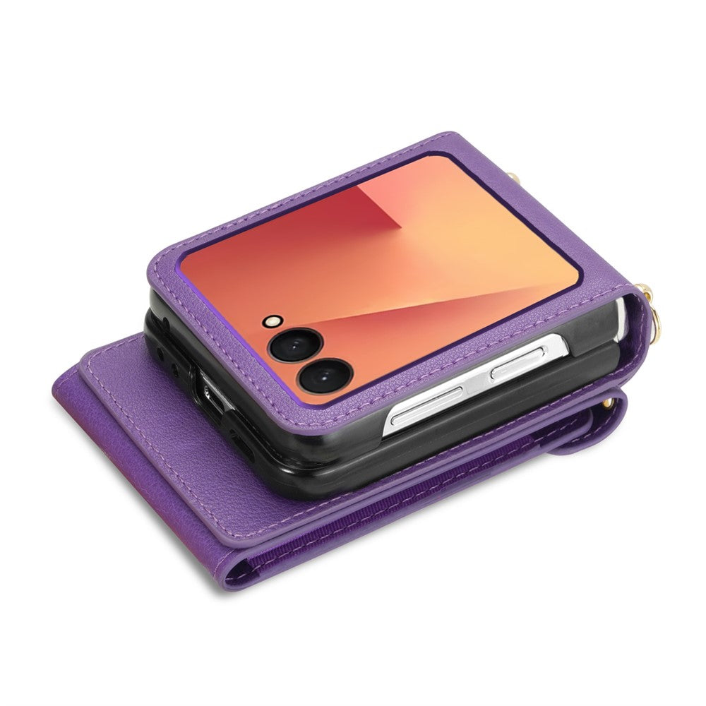 For Samsung Galaxy Z Flip7 5G Case Zipper Wallet Design PU PC Phone Cover with Long Strap - Purple