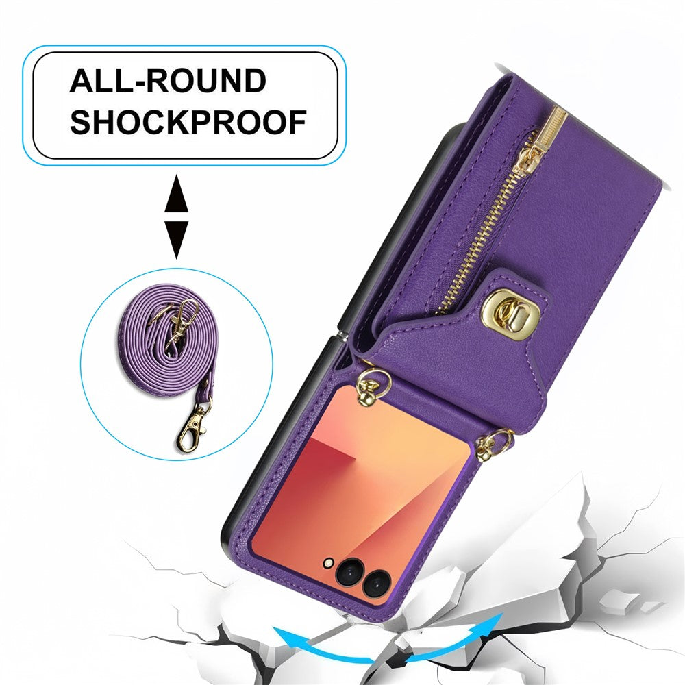 For Samsung Galaxy Z Flip7 5G Case Zipper Wallet Design PU PC Phone Cover with Long Strap - Purple