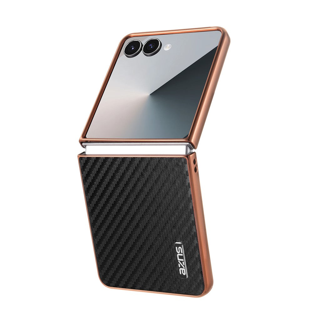 AZNS For Samsung Galaxy Z Flip7 5G Case Electroplating Carbon Fiber Texture PU+PC Phone Cover - Black