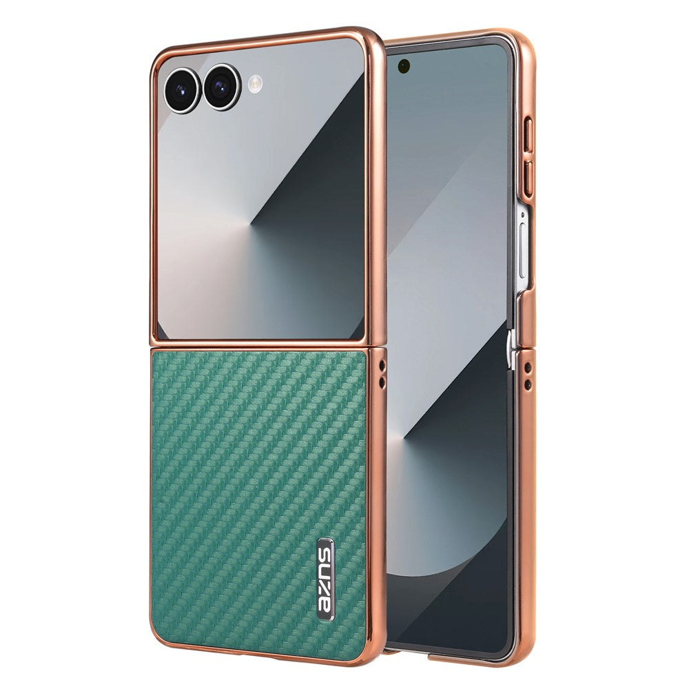 AZNS For Samsung Galaxy Z Flip7 5G Case Electroplating Carbon Fiber Texture PU+PC Phone Cover - Green