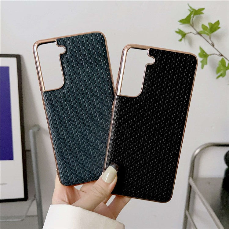 For Samsung Galaxy S22 5G Cell Phone Back Shell, Bump Proof Nano Electroplating Textured Genuine Leather Coated TPU Phone Case Protective Cover - Black