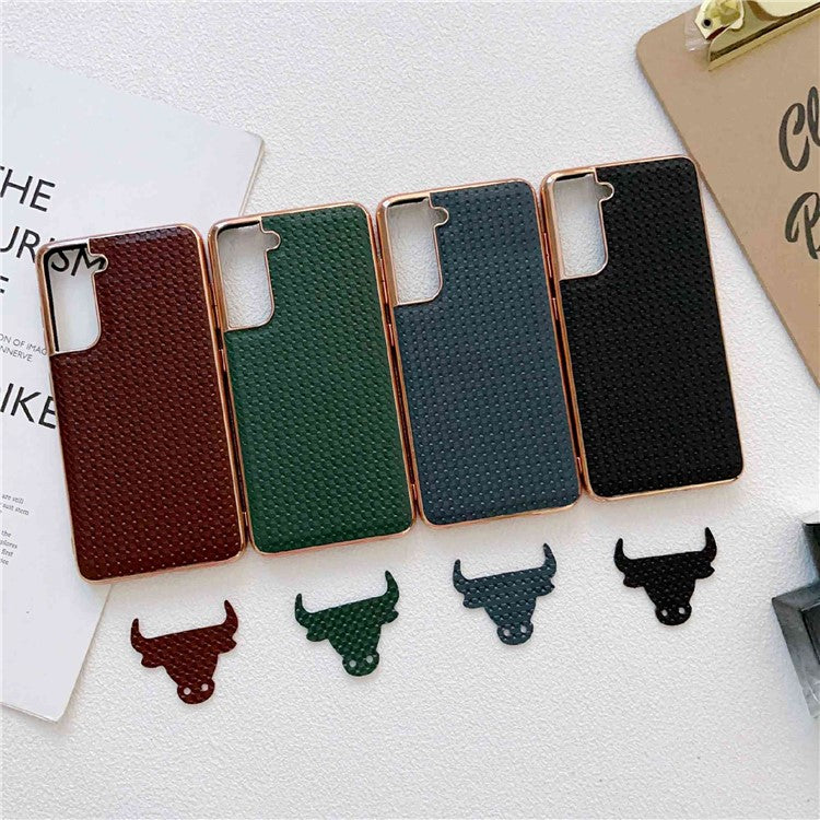 For Samsung Galaxy S22 5G Cell Phone Back Shell, Bump Proof Nano Electroplating Textured Genuine Leather Coated TPU Phone Case Protective Cover - Black