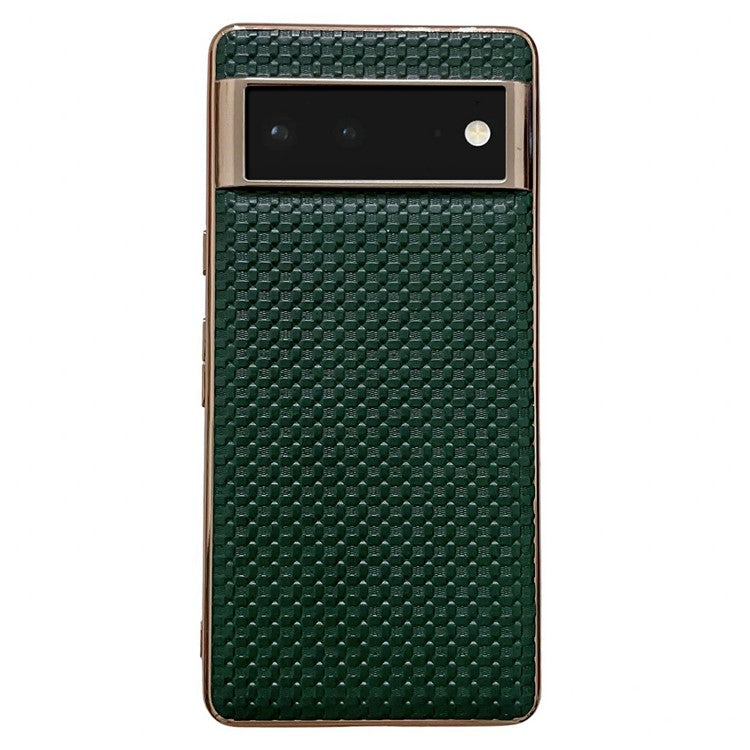 For Google Pixel 6 Cell Phone Shell, Scratch Resistant Back Protector Nano Electroplating Textured Genuine Leather Coated TPU Phone Case Protective Cover - Green