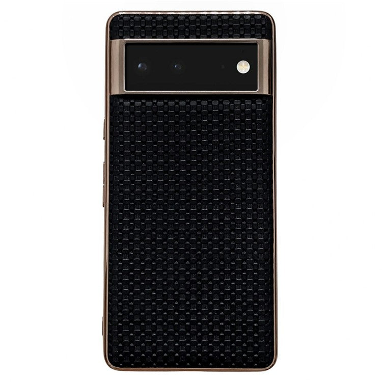 For Google Pixel 6 Cell Phone Shell, Scratch Resistant Back Protector Nano Electroplating Textured Genuine Leather Coated TPU Phone Case Protective Cover - Black