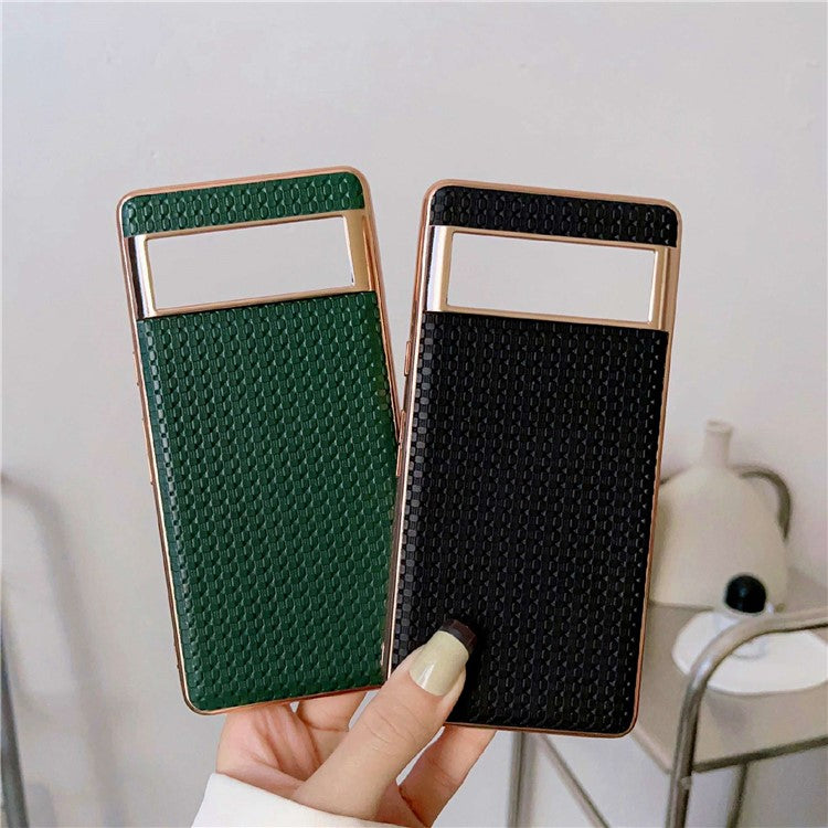 For Google Pixel 6 Cell Phone Shell, Scratch Resistant Back Protector Nano Electroplating Textured Genuine Leather Coated TPU Phone Case Protective Cover - Black