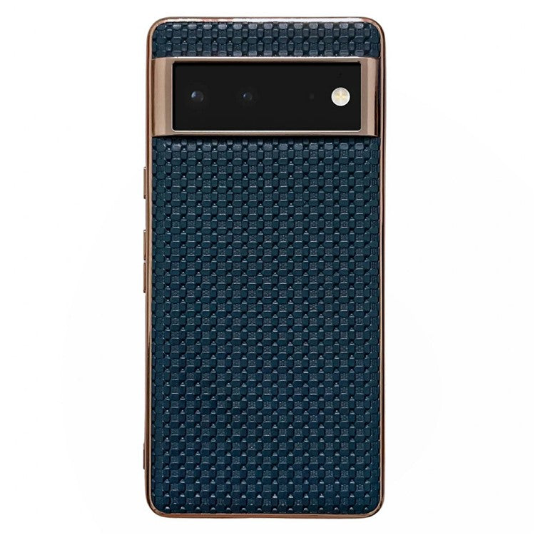 For Google Pixel 6 Cell Phone Shell, Scratch Resistant Back Protector Nano Electroplating Textured Genuine Leather Coated TPU Phone Case Protective Cover - Blue